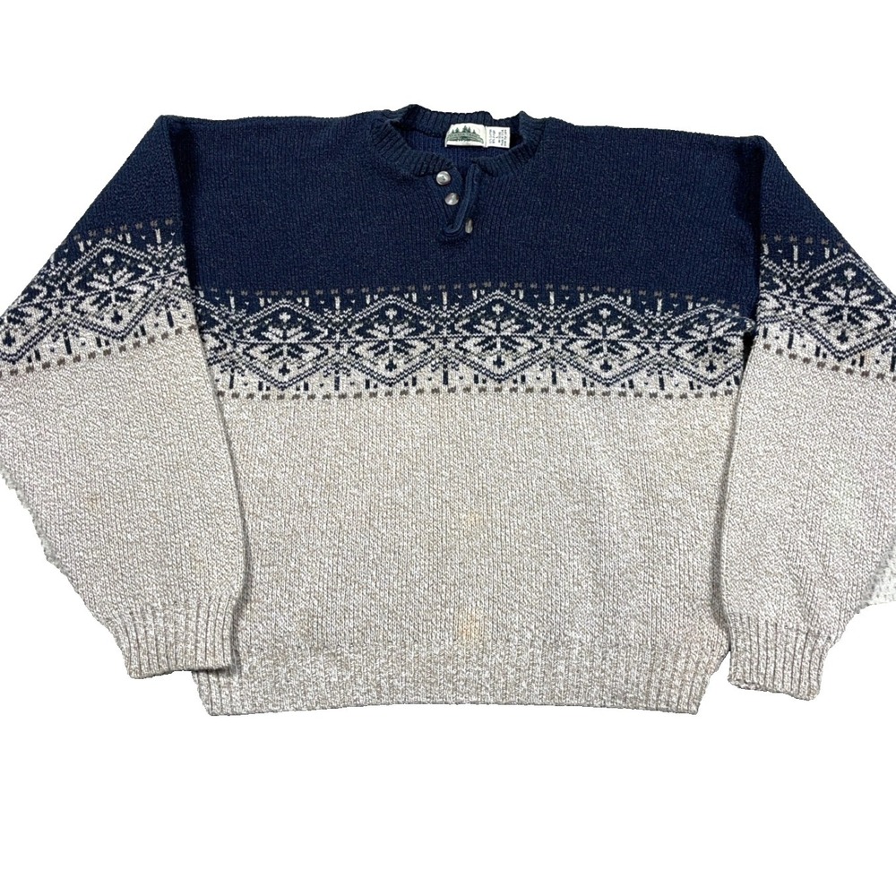 Vintage Grandpa Sweater Men Large Tan Blue Geometric Nordic Henley Crewneck Rib
